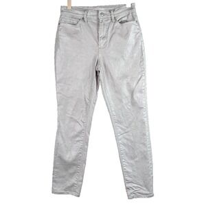 Lands End Jeans Silver Metallic Stretch Denim High Rise Slim Ankle Womens Size 6